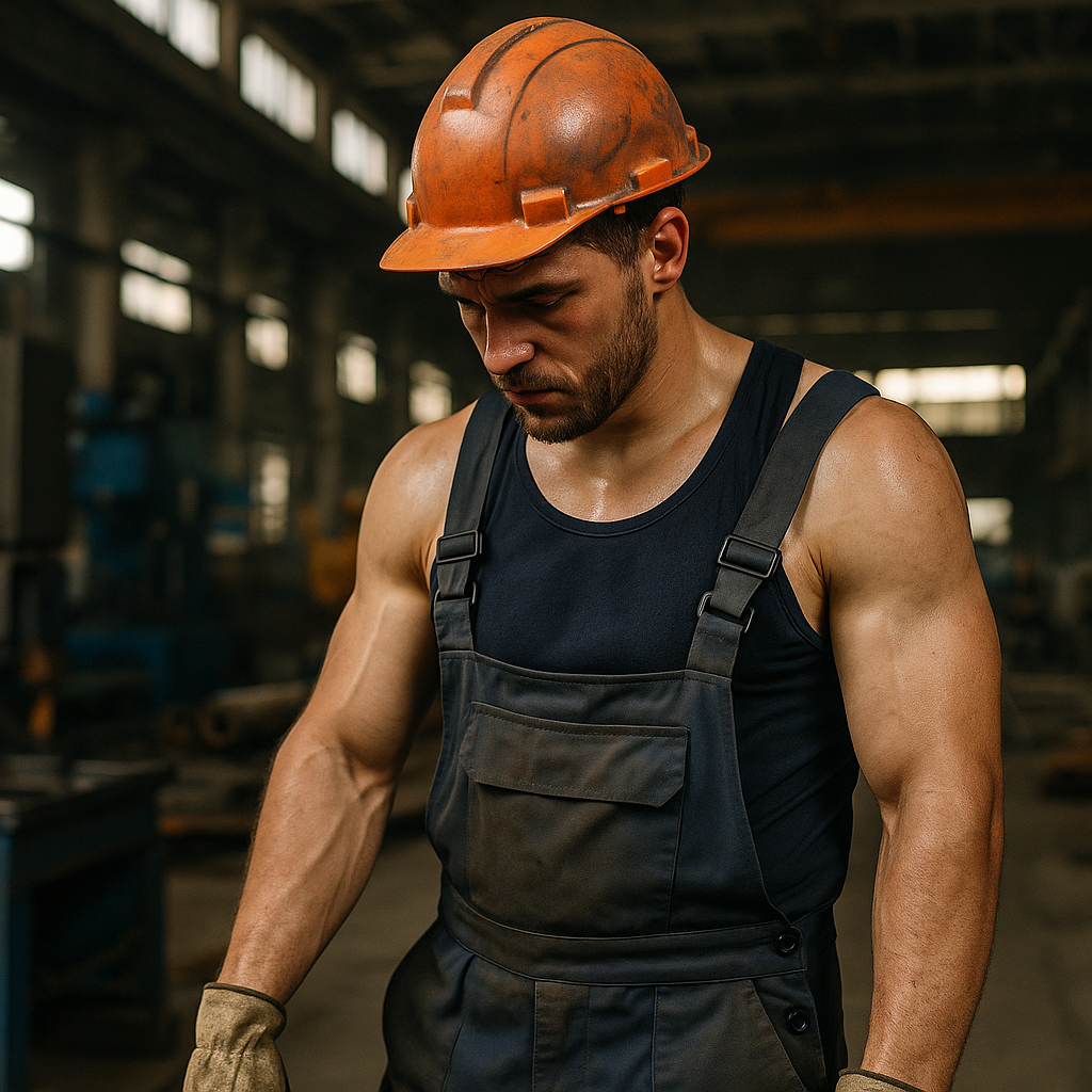 عامل مصنع ذو بنية عضلية يبدو عليه التعب بعد يوم عمل شاق، يقف داخل ورشة صناعية مرتديًا خوذة العمل وملابس الحماية، مع تعابير وجه منهكة تُبرز تأثير الجهد البدني على العضلات.