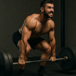 رجل يقوم بتمرين الديدليفت داخل صالة رياضية، مع إبراز عضلات الظهر والقدمين، في لقطة احترافية واقعية.