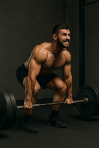 رجل يقوم بتمرين الديدليفت داخل صالة رياضية، مع إبراز عضلات الظهر والقدمين، في لقطة احترافية واقعية.