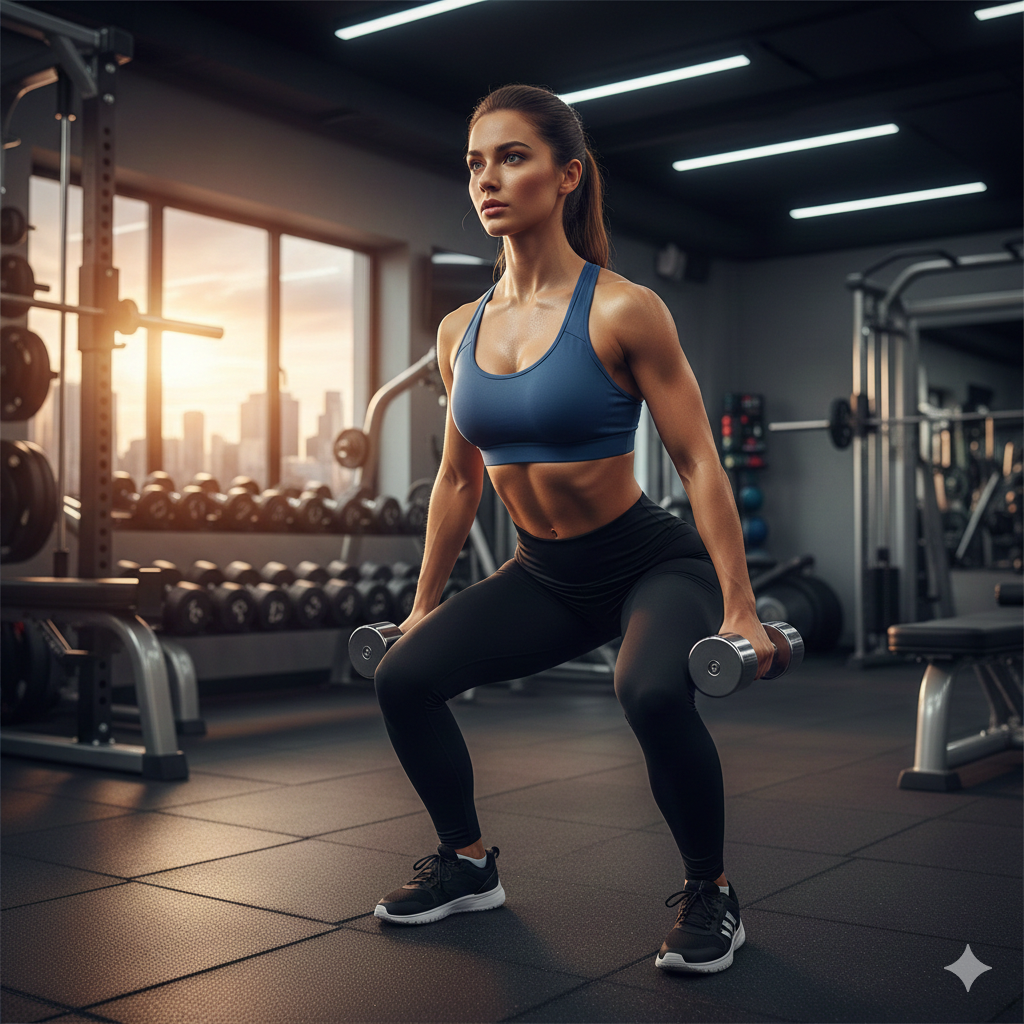 امرأة ذات مظهر رشيق ترتدي ملابس رياضية، تقف بثقة في وضعية السكوات الصحيحة؛ الكتفين للخلف، والظهر مستقيم، والفخذين موازيين للأرض تقريباً، وكأنها جالسة على كرسي وهمي. الحركة تعبر عن القوة والثبات والتركيز على العضلات السفلية.