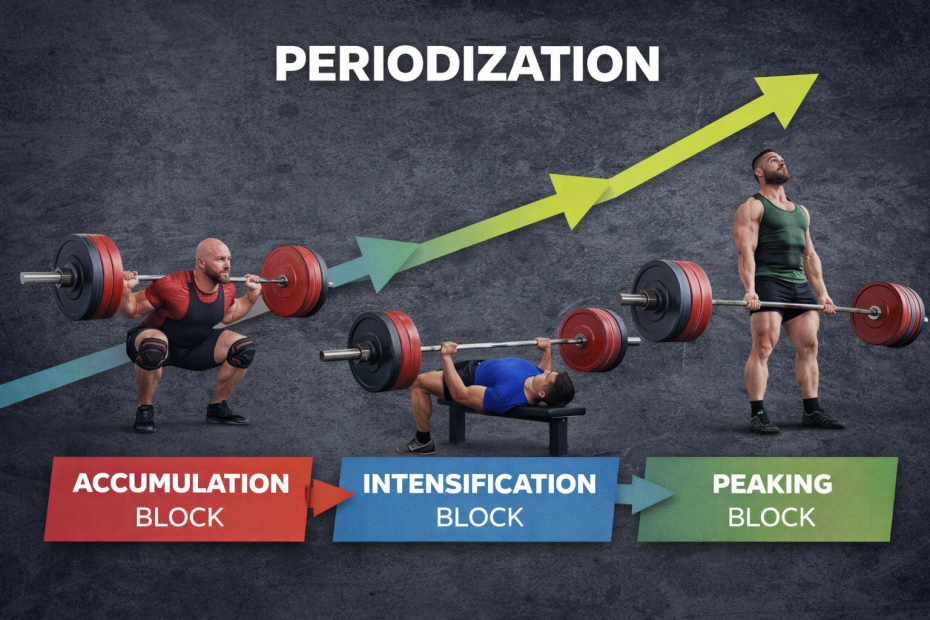 مخطط يوضّح مراحل الـPeriodization في الباورليفتنغ: التراكم، الشدة، والذروة.