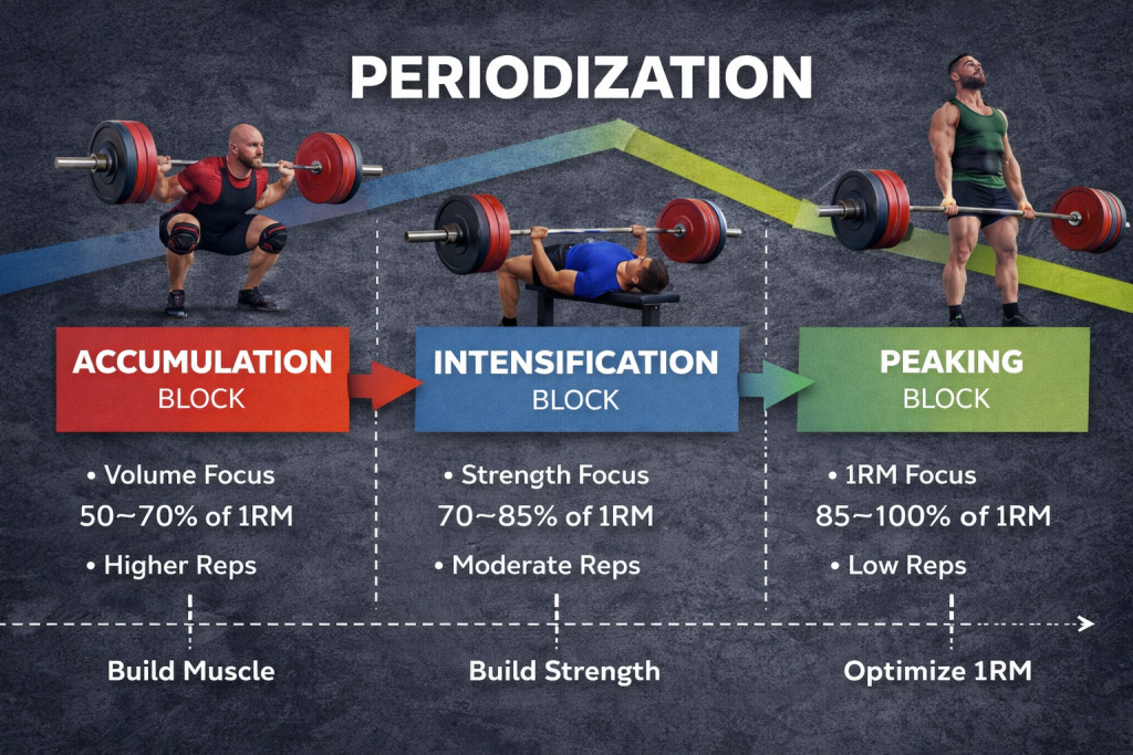 Infographic illustrating the three main phases of powerlifting periodization  accumulation, intensification, and peaking  showing differences in volume, intensity, and 1RM focus.