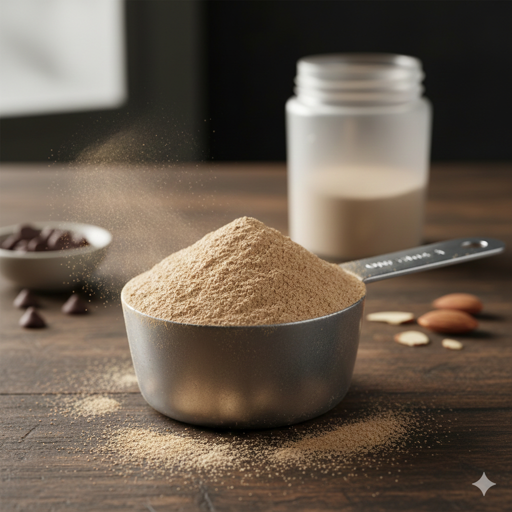 Professional close-up of a protein powder scoop next to a gym shaker bottle, high-quality whey protein supplement.