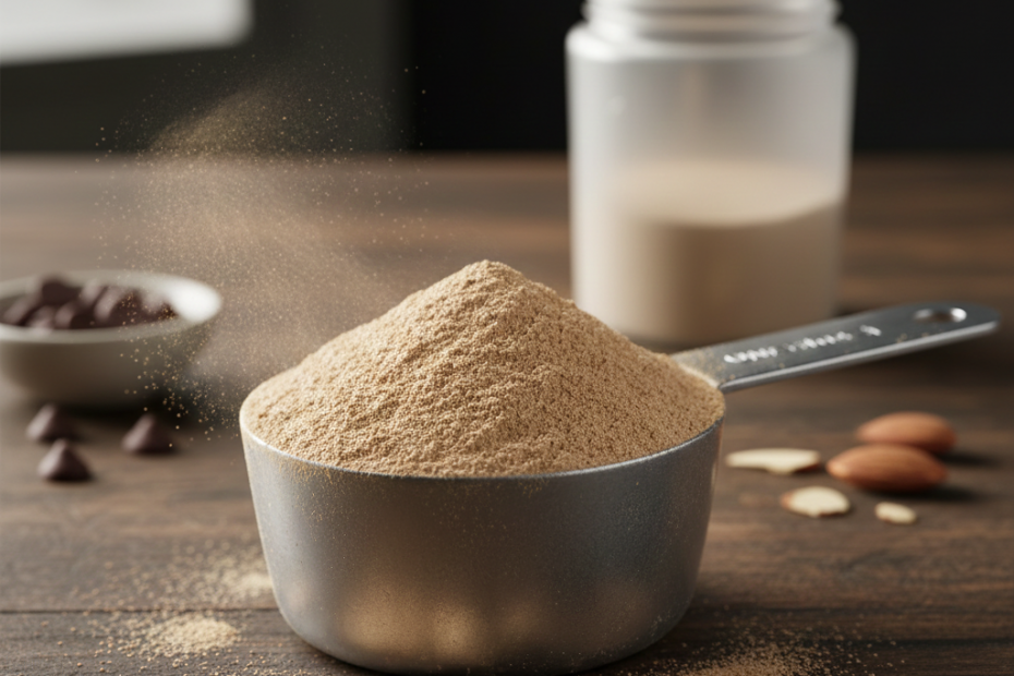 Professional close-up of a protein powder scoop next to a gym shaker bottle, high-quality whey protein supplement.