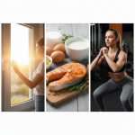 رسم توضيحي احترافي يظهر تأثير أشعة الشمس على صحة العظام والعضلات مع رمز كيميائي لفيتامين D، يبرز أهمية الفيتامين للرياضيين والحياة اليومية.