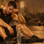 Why the First 2 Weeks of Cutting Are the Hardest: A Physiological Breakdown Exhausted athlete sitting on the gym floor after an intense workout, showing fatigue during the early fat-loss cutting phase.