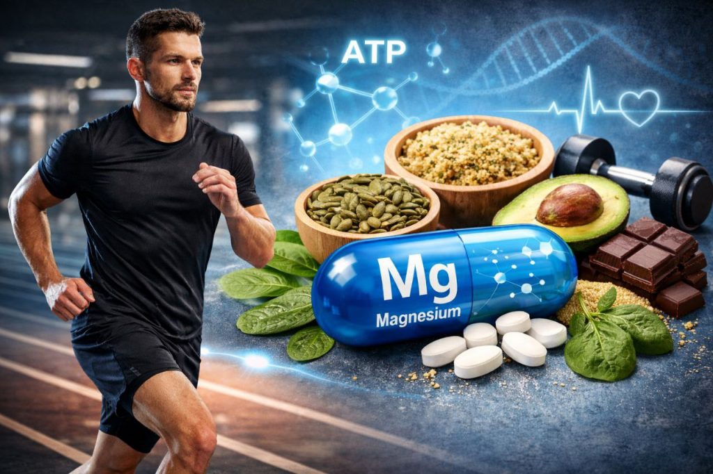 An athlete running on a track next to a magnesium supplement capsule, healthy foods like pumpkin seeds and avocado, and an ATP symbol representing energy production.
