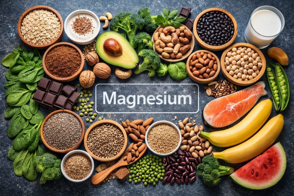 A variety of magnesium-rich foods including nuts, seeds, leafy greens, avocado, and fish, arranged professionally around the word Magnesium.