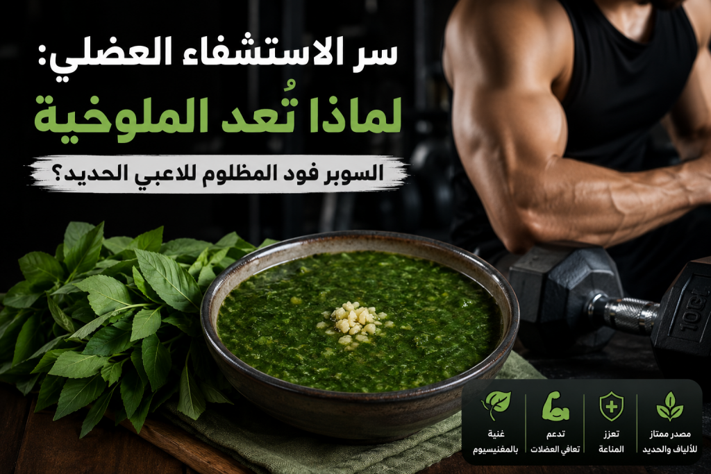 وعاء من الملوخية بجانب معدات رياضية يرمز إلى فوائد الملوخية في الاستشفاء العضلي ودعم لاعبي كمال الأجسام.
