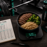 How to Track Macros for Lifters: The Ultimate Strength & Hypertrophy Guide Luxury fitness brand hero image. Hyper-realistic macro-tracking scene inside a premium gym. A black digital food scale holding a perfectly portioned bodybuilding meal (lean steak, broccoli, brown rice). An open nutrition notebook with handwritten macros beside the scale. In the blurred background, a heavy Olympic barbell on a squat rack under dramatic cinematic lighting. Dark modern aesthetic using #192734 as the primary background and #2CB191 as accent lighting. Minimalist composition with large empty space for headline. Professional editorial photography, ultra-sharp focus, 8K, HDR, shallow depth of field, premium fitness magazine quality, photorealistic.