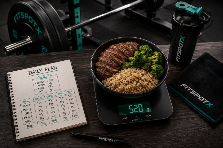 Luxury fitness brand hero image. Hyper-realistic macro-tracking scene inside a premium gym. A black digital food scale holding a perfectly portioned bodybuilding meal (lean steak, broccoli, brown rice). An open nutrition notebook with handwritten macros beside the scale. In the blurred background, a heavy Olympic barbell on a squat rack under dramatic cinematic lighting. Dark modern aesthetic using #192734 as the primary background and #2CB191 as accent lighting. Minimalist composition with large empty space for headline. Professional editorial photography, ultra-sharp focus, 8K, HDR, shallow depth of field, premium fitness magazine quality, photorealistic.
