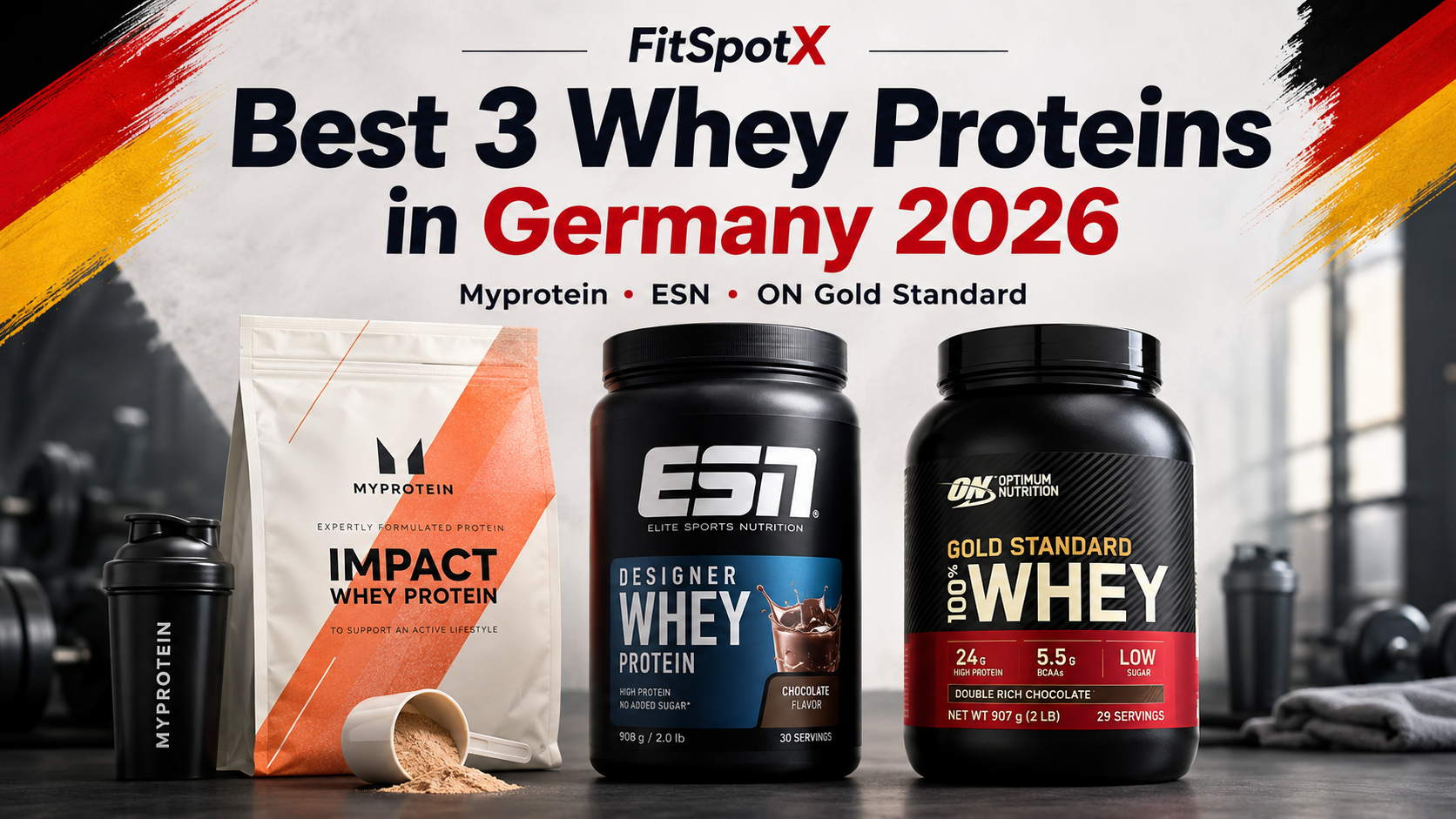 Best 3 whey protein supplements in Germany for 2026: Myprotein Impact Whey, ESN Designer Whey, and Optimum Nutrition Gold Standard.